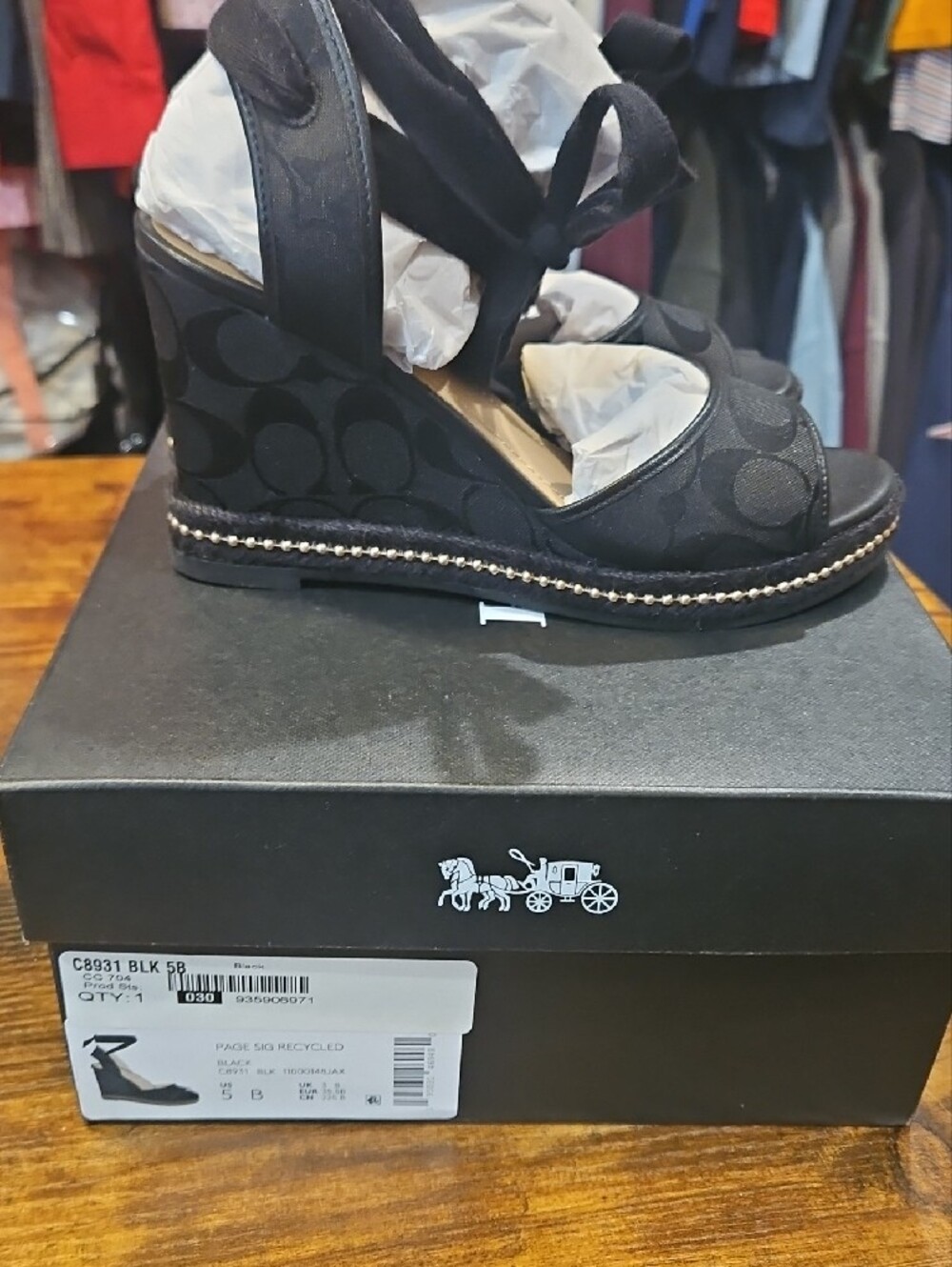 COACH Black Espadrille Wedge Sandals with Ankle Tie - Picture 4 of 7